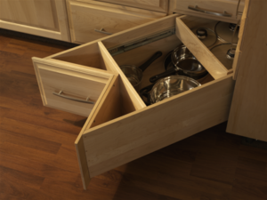 Corner cabinet drawer with multiple levels