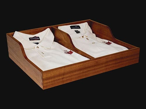 A side scoop pullout drawer with two white button ups