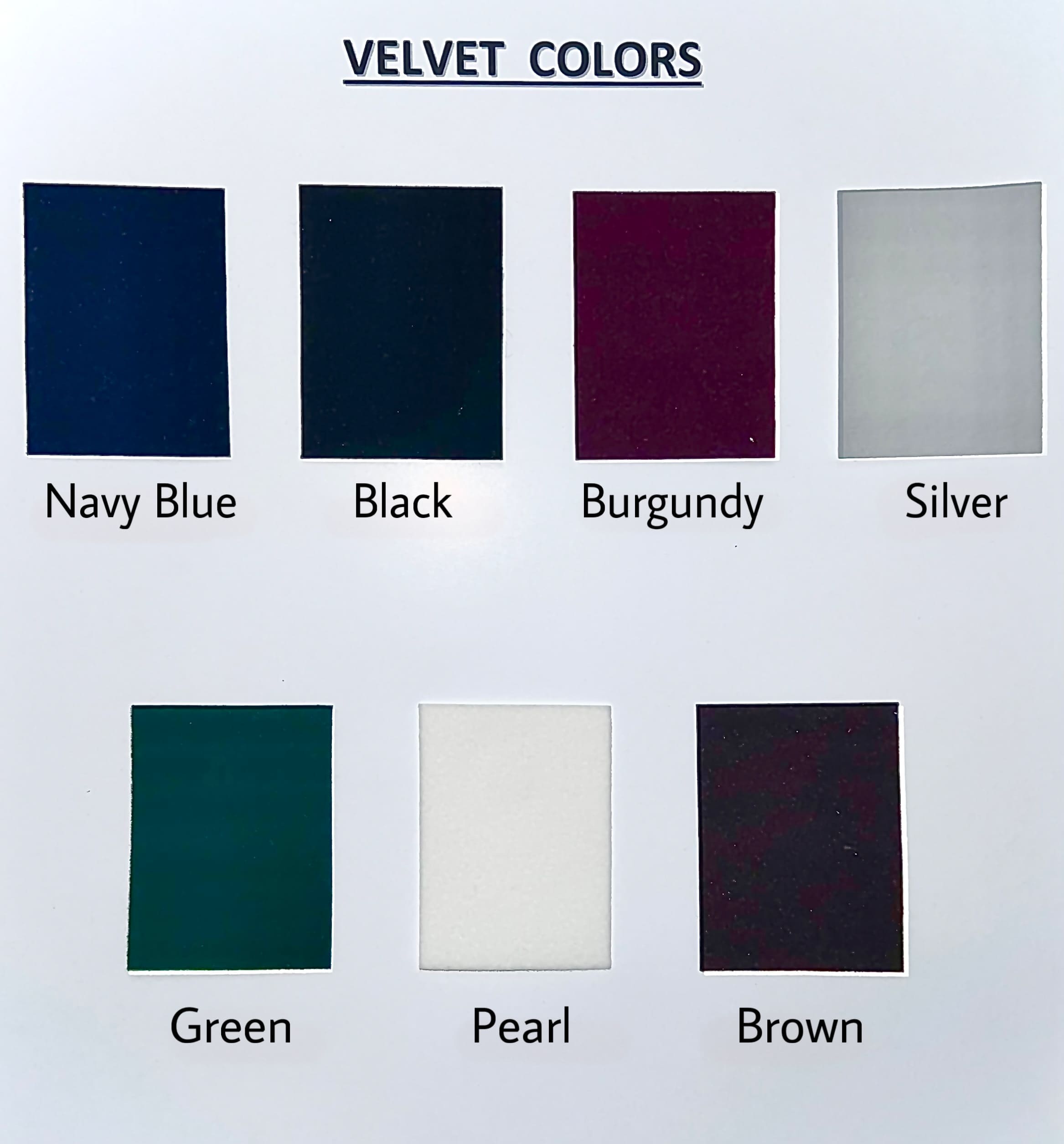 An image of available vervet colors including navy blue, black, burgundy, silver, green, pearl, and brown