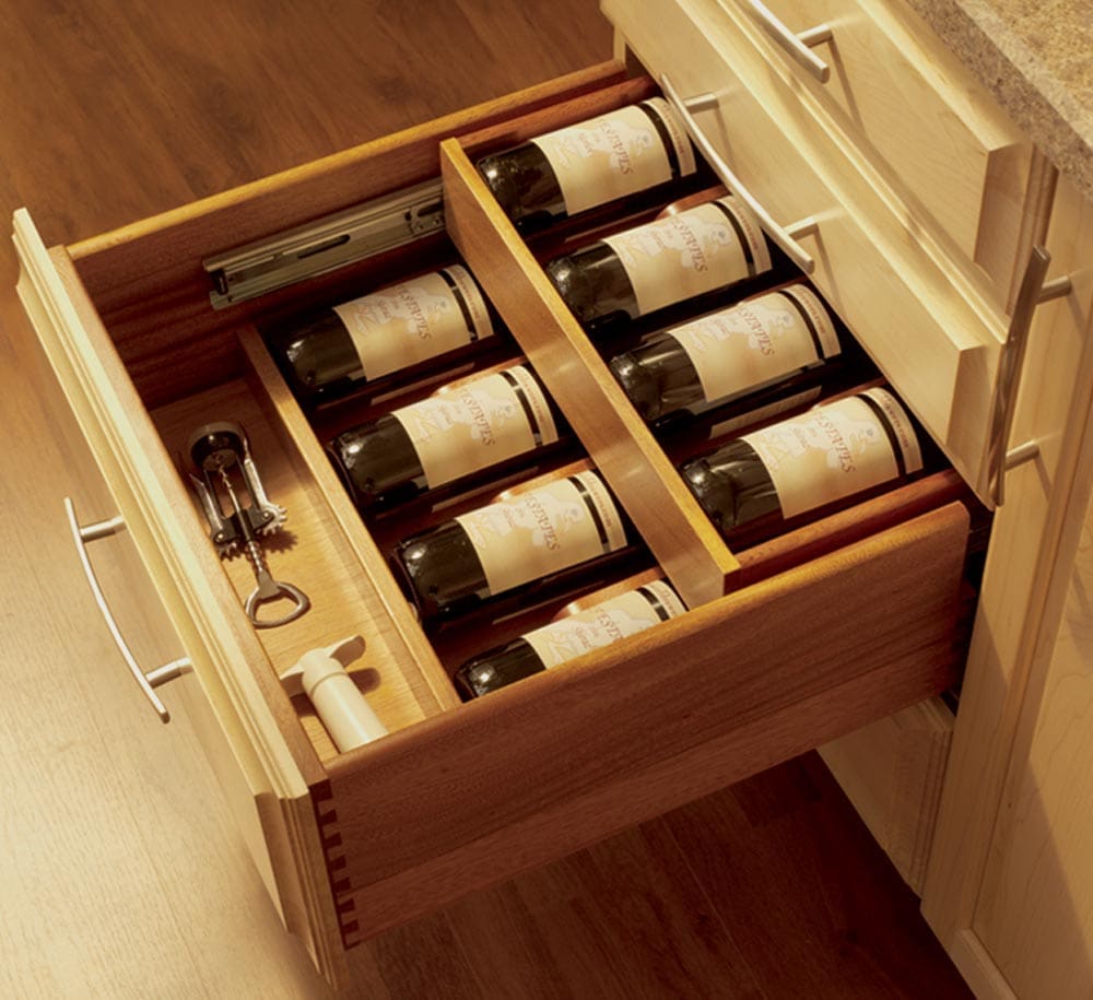 A dovetail wine drawer in a kitchen